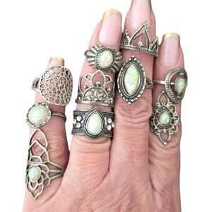 Boho Opal Ring Stack Set Silver Tone Festival Cottagecore Size 6